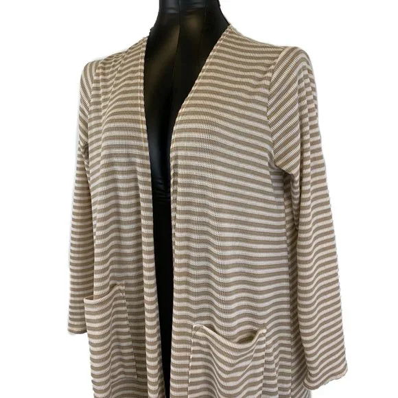 LulaRoe Sarah Duster Cardigan Sweater Tan Cream Striped Ribbed Women's Size M - Picture 3 of 6